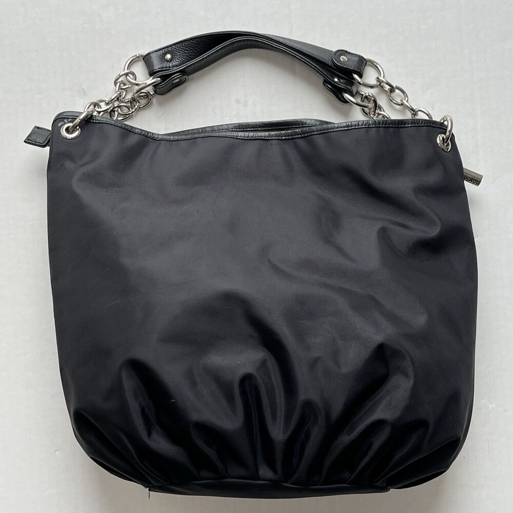 Bodhi Black Nylon Handbag Chain Link & Leather Top Handles Spacious Bucket Hobo